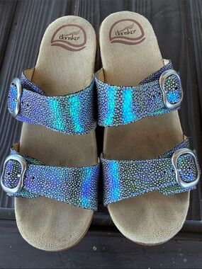 Dansko Iridescent Blue Green Double-Buckle Slide Sandals 38